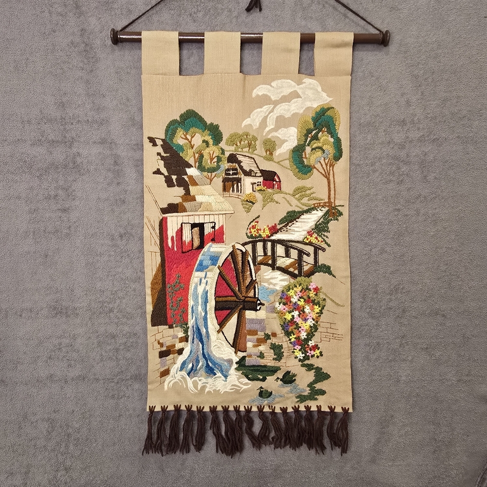 Vintage Wall Hanging Hand Embroidered Farm, Floral and Mill Scene  1960’s